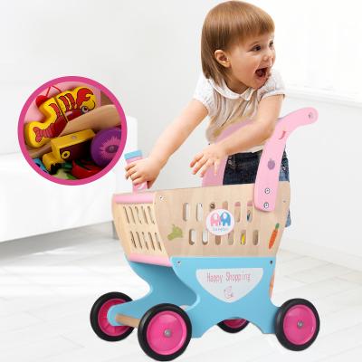 China Amazon Eco-friendly Material Bestsellers Pretend To Play Wooden Baby Shopping Cart Toy With Food For Children for sale