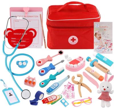 China Eco-friendly Material Wooden Toys Pretend Medical Doctor Toy Simulation Doctor Set Nurse Injection Kit Role Play Classic Game Toys for sale