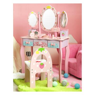 China Baby Role Play Toy Wooden Pink Dressing Table Girls Two In One Pretend Kitchen Toy For Children Gift for sale