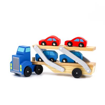 China Eco-Friendly Material Pretend Play Folding 5 In 1 Wooden Car Truck Transporter Toy With 4 Small Vehicle for sale