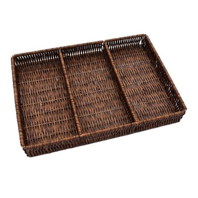 China Hot-selling durable handwoven vegetable and fruit food storage basket three-grid rattan rectangular basket for sale