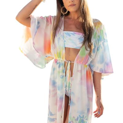 China Women Plus Size Tie Dye Dress Ruffle Sleeve Hawaiian Beach Shorts Bikini Kaftan Couples Set Women's Long Kimono Kaftan for sale