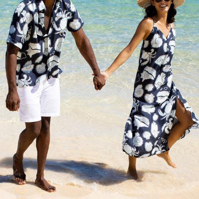 China Anti-pilling Custom Polynesian Tribal Summer Casual Wear Plus Size Beach Maxi Dresses Men Shirt Hawaiian Couples Set for sale