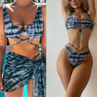 China Breathable Tie Dye Print Mesh Swimwear Women Knot Biquini 3 Piece Swimsuit Female Sexy Beach Wear Bikini 2021 for sale