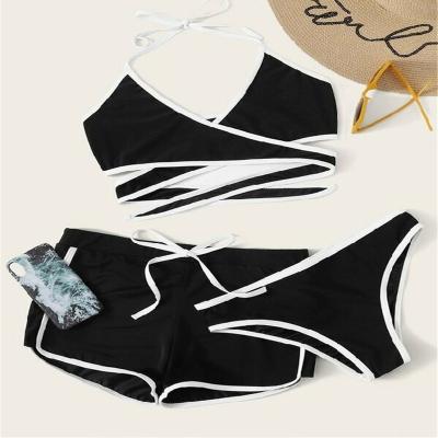 China Trunks Swimsuit 2021 Lift Up Black/Green Women Breathable 3 Piece Halter Crisscross Bikini Sets With Swim Shorts Pants Swimwear for sale