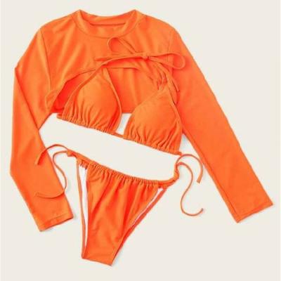 China Sexy Women Mesh Long Sleeve Drawstring Bikini Breathable Summer Swimsuit 3PCS Set Swimwear Bra+Bottom+Cover Push Up Swimsuit for sale