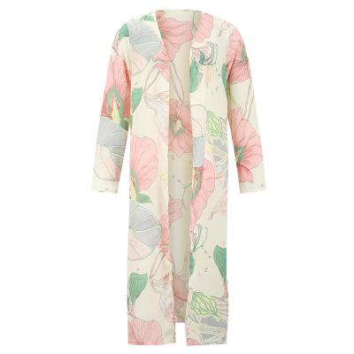 China Floral Print Bikini Fronts Autumn Beach Kimono Mujer Sarong Summer Plus Size Sleeve Chiffon Cardigan Women Plus Long Kimono for sale