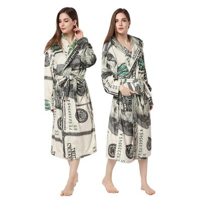 China Fashion QUICK DRY dollar printed long robe men's and women's home wear long robe flannel bathrobe personality warm robe for sale