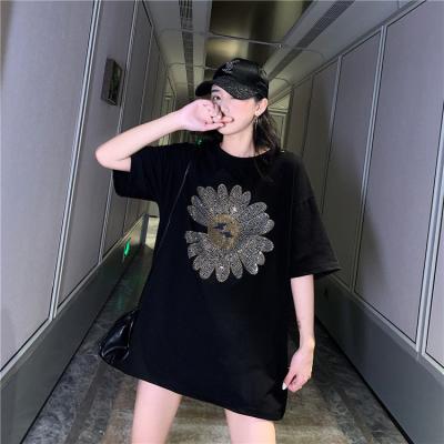 China Women Anti-Shrink Short Sleeve Kawaii Office Ladies Wear Female Oversized Loose Length T-shirt Customized Diamond Hot Top Clothing Mid for sale