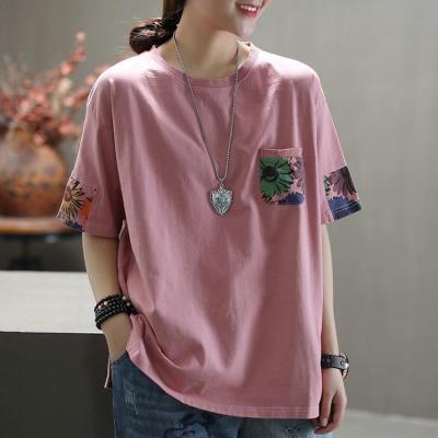 China Anti-Shrinkage Women Short Sleeve Retro Literature 100% Cotton Clothing Female Oversized Loose Head T-shirt Women Clothes And Art T-shirt for sale