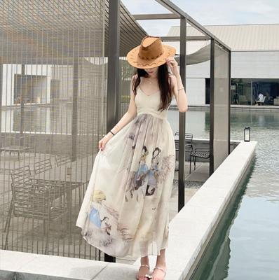 China 2021 summer new holiday style Bohemia beach anti-static dress organza printing middle and western style suspender long skirt for sale