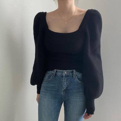 China Women's Autumn Winter Temperament Collar Tee Shirt Anti-Wrinkle Strip Mine Soft Square Knitwear Women's Slim Bubble Sleeve for sale