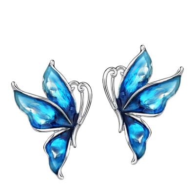 China Fine Jewelry 2021 New Trendy Trendy 925 Crystal Unique Gifts Large Enamel Silver Butterfly Earrings Cut Stud Earrings Women for sale