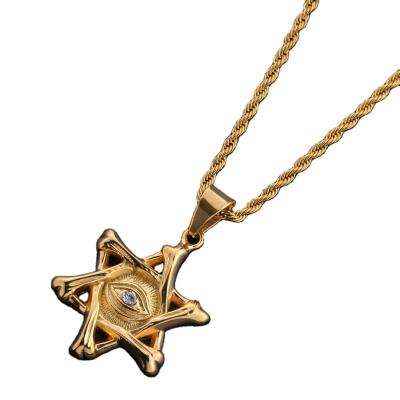 China Trendy Stainless Steel Hiphop Star Of David Pendant Necklace Eye Shape Pendant With Rhinestone 2021 New Arrival Men's And Women's Gold Alloy for sale