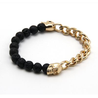 China Trendy Trendy Fashion Jewelry Finding Volcanic Stone Bracelet Beaded Silver Rose Gold Metal Skull Beads Men Bracelet Natural Stone Gold for sale