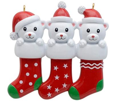 China Resin Bear Stocking Family of 3 Christmas Ornament Tree Decorations for sale