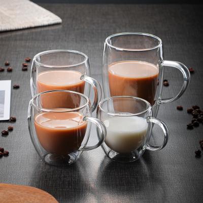 China Stocked Glass Mugs Makers Clear Borosilicate Travel Mug Double Wall Insulated Glass Coffee Mug With Handle And Lid for sale