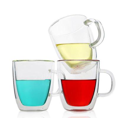 China 250ml 350ml 450ml high quality stocked borosilicate glass double wall insulated beer mug with handle for coffee for sale