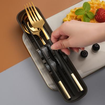 China Stocked Travel Stainless Steel Cutlery Set With Box Dinnerware Sets Metal Chopsticks Spoon And Forks for sale