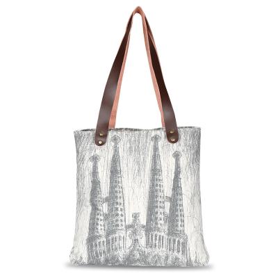 China PORTABLE Lineart Style Print Custom Leather Tote Bag Cotton Canvas Handle for sale