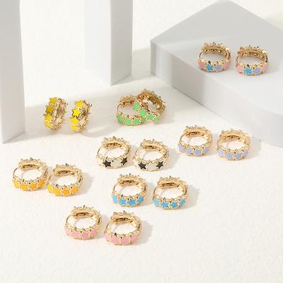 China Fashion Environmental Friendly Wholesale Jewelry Women Colorful Circle Earrings Gold Plated Cute Stars Enamel Oil Drip Earrings for sale