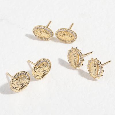 China Cheap Wholesale Fashion Religious Ear Studs Christian Jewelry 18k Gold Plated Virgin Mary Zircon Earrings For Women for sale