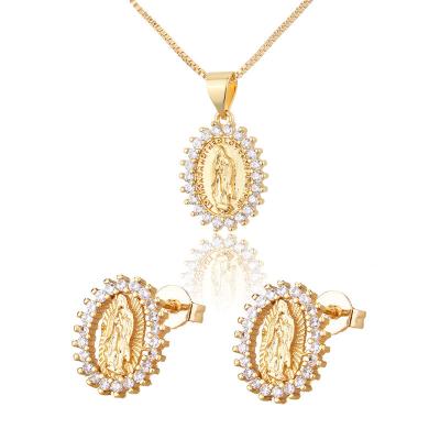 China Virgin Mary Earring Necklaces Jewelry Sets Environmental Friendly Vintage Religious 18k Jewelry 18k Gold Plated Zircon For Women for sale