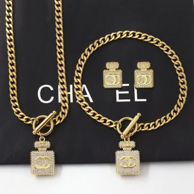 China Factory Wholesale Fashion Environmental Friendly 18K Gold Plated Perfume Bottle Stainless Steel Pendant Jewelry Set For Women for sale