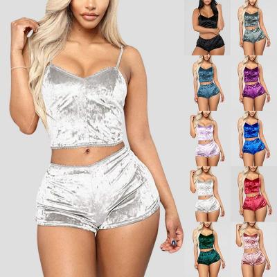 China QUICK DRY sexy tops and shorts luxury fluffy 2 piece set of velor strappy pajama sets women sleepwear velor pajamas for sale