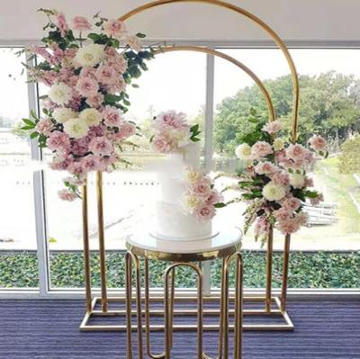 China Shiny Gold Steel Double Arch Frame For Birthday Party Wedding Outdoor Fabric Display Balloons Stand Stage Props Rack for sale