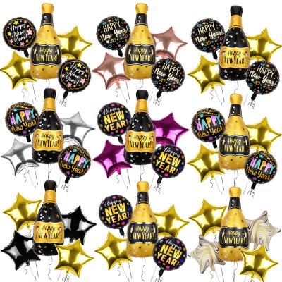 China 5PCS Advertising Toy Happy New Year Advertising Printing Round Star Foil Balloon New Year Party Decoration Set Wine Bottle Helium Balloons Supplies for sale