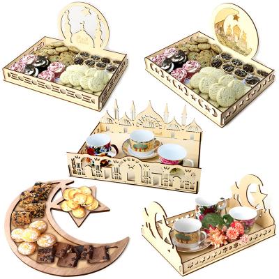 China Wholesale Wooden Muslim Party Decor Eid Mubarak Star Pendant Table Decoration Carfts Ramadan Kareem Food Tray Moon Wooden for sale