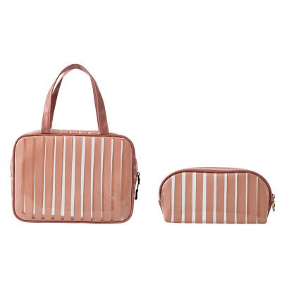 China Fashion Stripe Printing Transparent PVC Storage Bags Travel Organizer Clear Waterproof Cosmetic Bag for sale