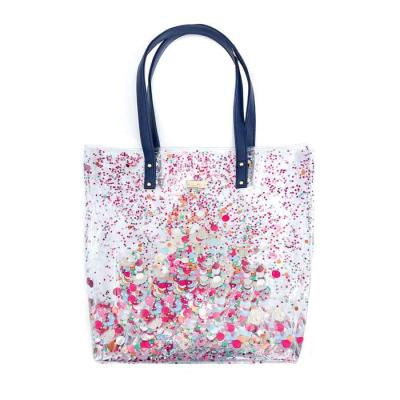 China Custom New Design PVC Glitter Confetti Shopping Tote Bag For Girls And Transparent Woman Handled for sale