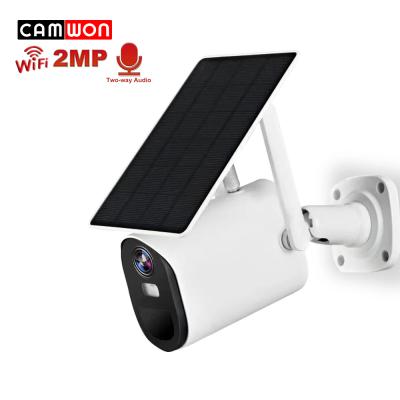 China Camwon 1080P WiFi Siren Bullet Solar Powered IP Camera Two Way Audio Solar Powered Camera LED Spotlight Built-in CCTV Security Camera for sale