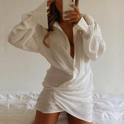 China New Designs Women Breathable Spring Button Down Dress Long Sleeve Shirt Dress Girls White Shirt Dress for sale