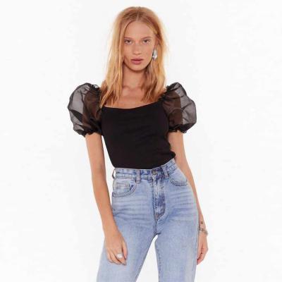 China Other Lady Black Square Collar Blouse Organza Puff Sleeve Short Top for sale