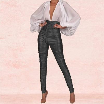 China Other Women Fall Womens Stacked Pants High Waisted Gaiters Pleated PU Leather Pants for sale