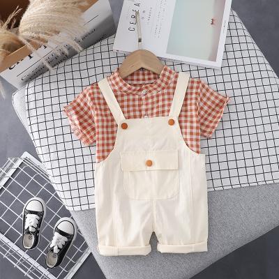 China Little Boy Casual Cute Plaid Kids Clothing Macaron Color Summer Sleeve Shirt Button Suspenders Short Suit for sale