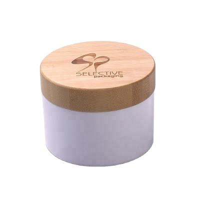 China Lid Cosmetic Jar 200g White Pp with Bamboo Skin Care Cream PP Plastic Bottles Personal Skin Care Packaging Cylinder Shape REACH for sale