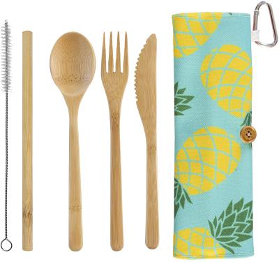 China Viable Take Along Handle Reusable Bamboo Flatware Package Utensil Set With Straw Dishwasher Safe Pineapple Design for sale