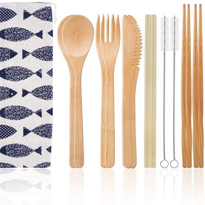 China Sustainable 2 Set Travel Utensils Bamboo Cutlery Set with Cotton Pocket Spoons Forks Knives Chopsticks Straws and Clean Brushes Camping for sale