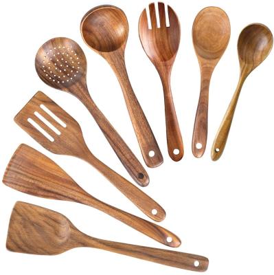 China Sustainable Wooden Handle Flatware Wooden Spoons Cookware Set Non Scratch Natural Teak Wood Utensils 8 Packs for sale