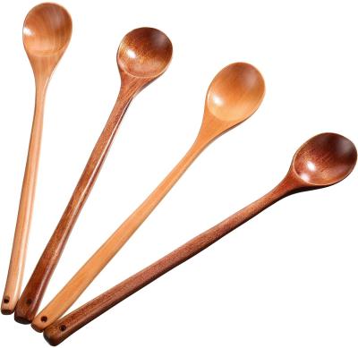 China Sustainable Wooden Spoon Set 4 Pieces Long Spoon Handle Wooden Mixing Spoons for sale