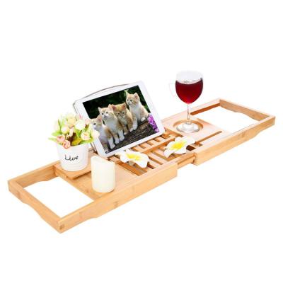 China Viable Bamboo Bath Tray Bathtub Collapsible Adjustable Wooden Organizer Tray For Bathroom for sale