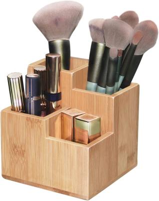 China Multifunctional 4 Compartment Pen Holder Wooden Pen Cups Desktop Viable Bamboo Organizer Storage Box for sale