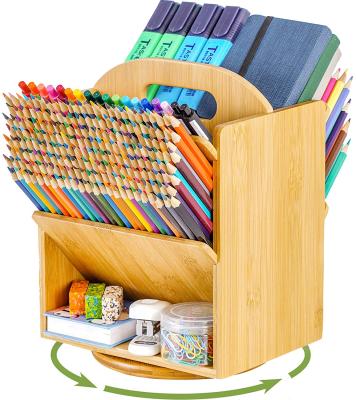 China Sustainable Bamboo Pen Holder Desk Organizer Rotating Pencil Pen Holder With 6 Compartments Hold 400+ Pencils for sale