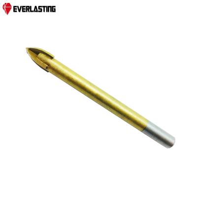 China Glass& Ceramic Tile Drilling Titanium Coated Round Shank Cross Carbide Tip Glass Drill Bit For Porcelain Tile Glass Ceramic Drilling for sale