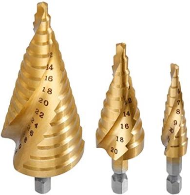 China Metric Metal Drilling Titanium Coated Spiral Shank 3pcs HSS Spline Step Drill Bit Set For Cutting Multiple Hole for sale