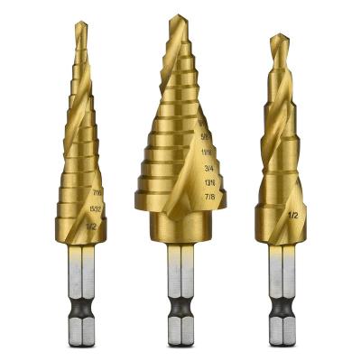 China Metal Drilling Quick Change Hex Shank Thumb Size HSS Titanium Coated Step Spiral Fluted Drill Bit 3 Pieces Set For Metal Drilling for sale